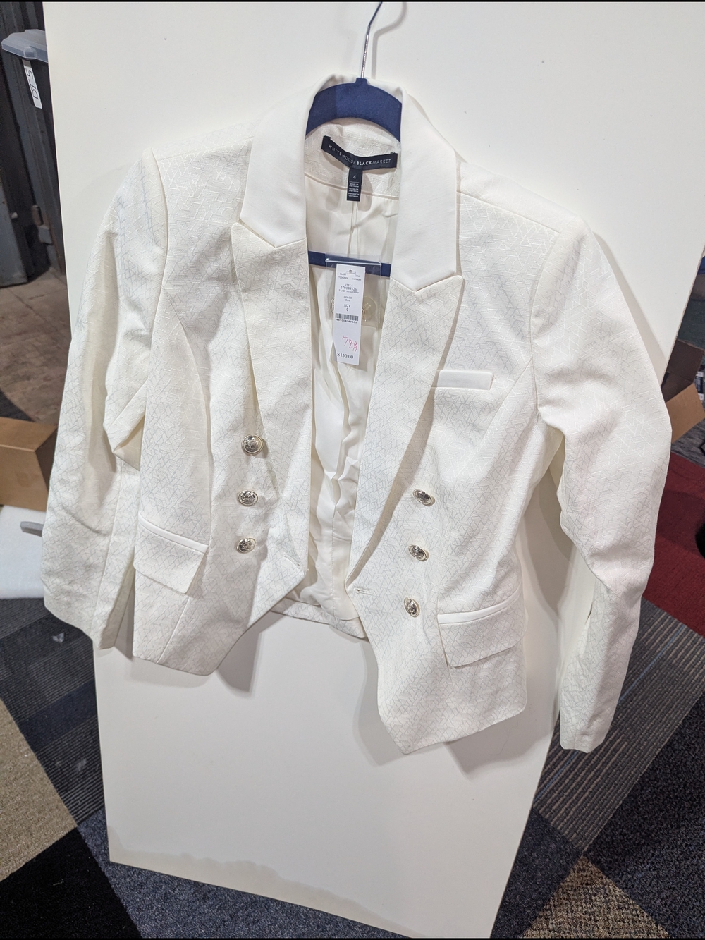 Tahari ASL White Double-Breasted Textured Blazer